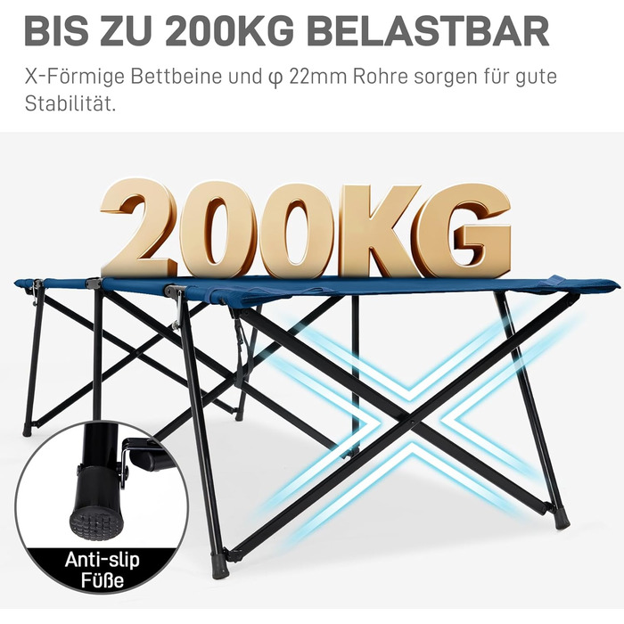 Розкладне ліжко для кемпінгу EVER ADVANCED XXL, 214 x 79 x 50 см, 200 кг, з кишенею, стабільне та портативне для відпочинку на природі та вдома (Блакитний)