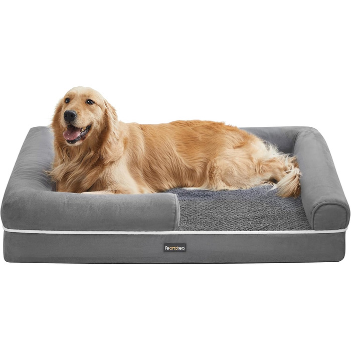 Ортопедичне ліжко для собак Feandrea, м'яке, з високими бортиками, 112x86x18 см, сірий колір, знімний чохол