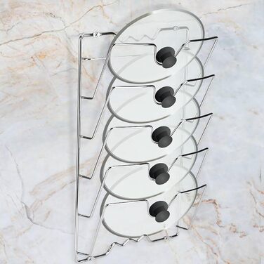 Wakects Pot Lid Holder Wall Mounted, Hanging Kitchen Lid Organizer, Vertical Stainless Steel Lid Rack, Holds 5 Lids, Metal Pot Holder, for Pots and Cookware, 43.4 x 27.8 x 9.7 cm