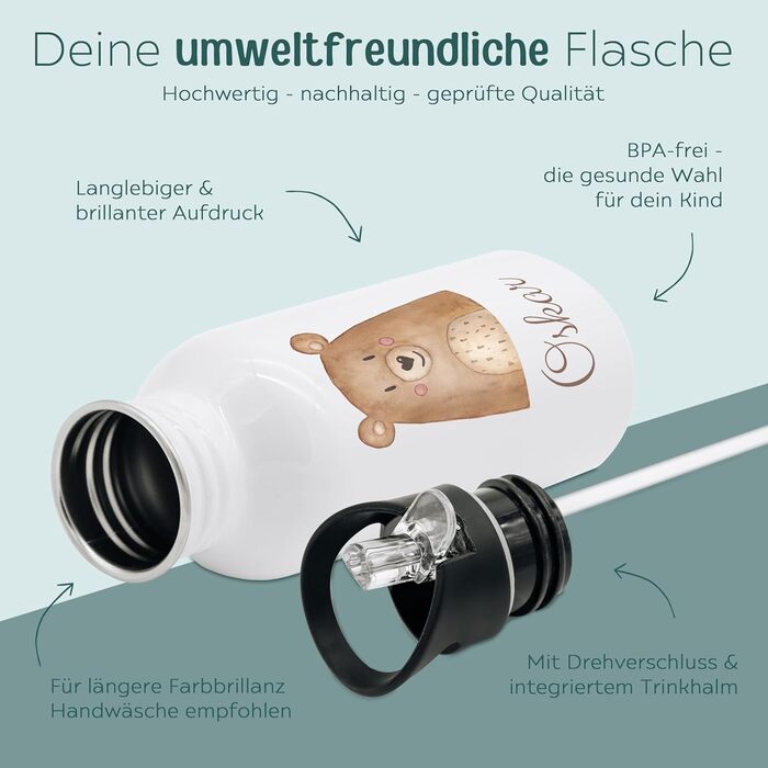 Дитяча персоналізована фляга Wunderwunsch® з нержавіючої сталі, 500 мл - фляга з іменем, з трубочкою, для дітей