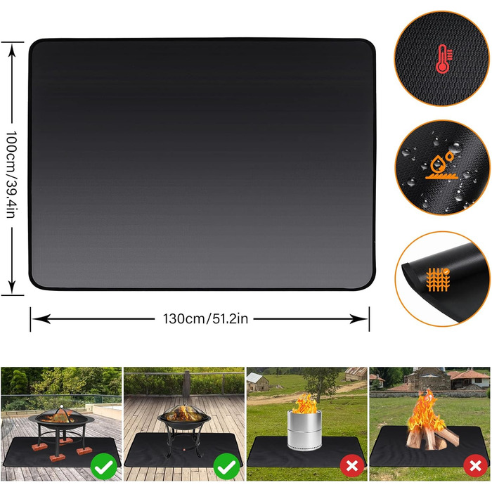 Вогнетривкий килимок для гриля та барбекю ROCKY&CHAO, захисна підкладка з скловолокна та алюмінію (152 x 107 см) для кемпінгу, газону та тераси