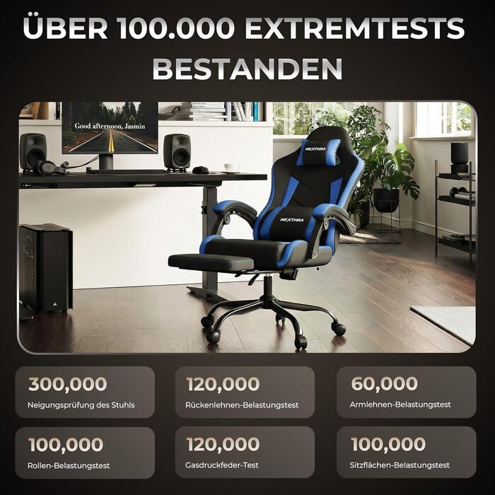 Геймерське крісло Nexthra Ergonomisch з підставкою для ніг, до 180 кг, блакитне. Офісне крісло для геймінгу та роботи, з регульованою спинкою 150°