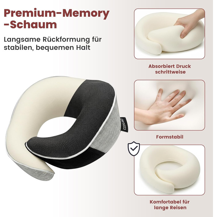 Подушка для подорожей COSYLAND з Memory Foam 360° - для літака та авто, з маскою для сну та берушами, сіра, ергономічна