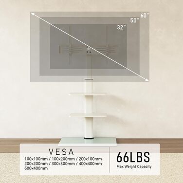 Підставка для телевізора FITUEYES біла, на підлогу, поворотна, регульована по висоті, для телевізорів 32-60 дюймів (плоских та curved), до 30 кг, VESA 600x400