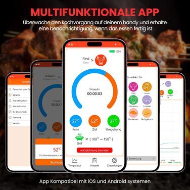 Бездротовий термометр для м'яса з двома датчиками, цифровий термометр для приготування страв з підключенням через додаток, Bluetooth, 150м, для гриля, кухні, барбекю, духовки, коптильні, ротатерії, фритюрниці, подарунок, чорний
