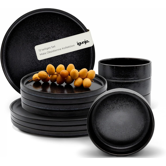 Igunja Stoneware Dinnerware Set - 12 Piece Set for 4 People | Reactive Glaze | Matte Black Dinner Set (Handmade, Premium Quality)