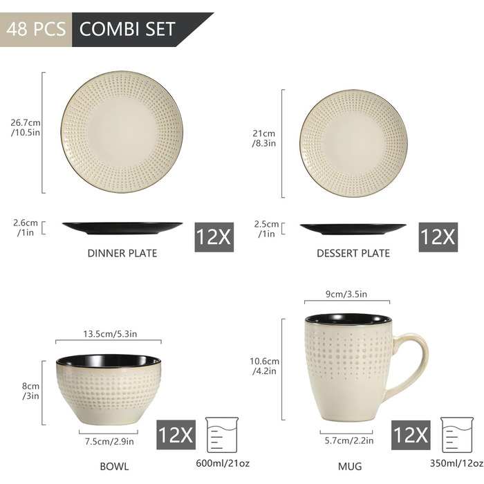 Набір посуду GUTO Tafelservice: 48 предметів (12 тарілок, 12 десертних тарілок, 12 салатників, 12 чашок) - бежевий, кераміка