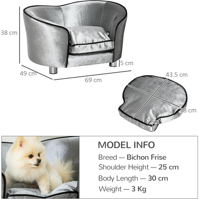 Диванчик для собак PawHut, лежанка для котів, крісло для тварин з дерев'яним каркасом, знімний коврик, 69 x 49 x 38 см