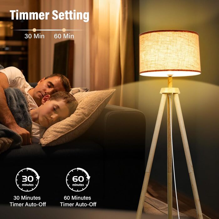 Стельова лампа для вітальні, LED, регулювання яскравості, 3 колірні температури, дерев'яна, з таймером, з абажуром, з вимикачем для вітальні, спальні, офісу