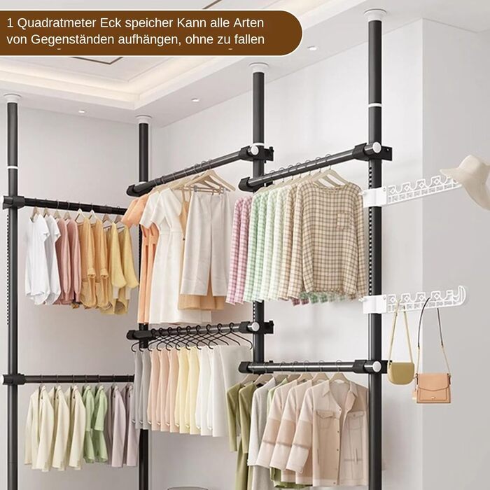 Телескопічна система для гардеробу, штанга для одягу з 6 штангами, телескопічний шафа для одягу з 2 гачками, регульована полиця 110-300 см, для дому та магазину одягу, білий (чорний)