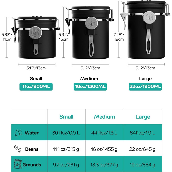 Coffee Gator Контейнер для кави з нержавіючої сталі, герметичний, з датчиком свіжості, клапаном CO2, ложкою, для кавових зерен, меленої кави, горіхів, чаю, цукру (Чорний, L)