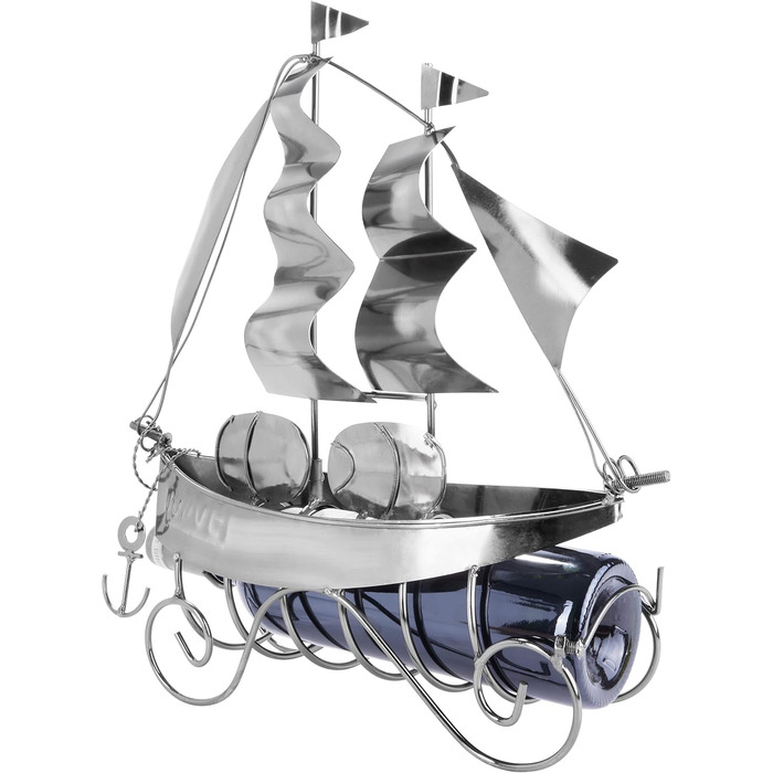 BRUBAKER Wine Bottle Holder Sailing Ship - Bottle Stand Sculpture made of Metal with Gift Card - Silver Wine Gift, Height 39 cm