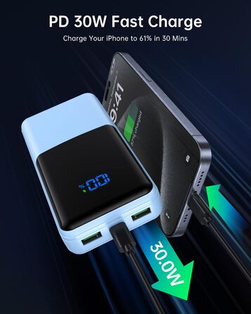 Power Bank Coblob 27000mAh з LED дисплеєм, 3 виходи та 2 входи, USB-C 30W, блакитний