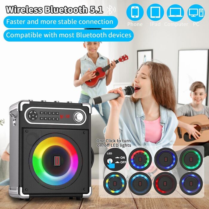 Караоке-система з 2 бездротовими мікрофонами, Bluetooth 5.3, LED-підсвітка, регулятор басів/високих, пульт ДК, FM/AUX/USB/TF, чорний