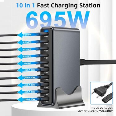 Зарядний пристрій Arceli USB-C 695W 10 портів GaN III: швидка зарядка для iPhone 16/15/14 Pro Max, Samsung Galaxy, MacBook, планшетів, ноутбуків