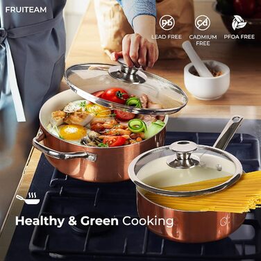 Набір посуду FRUITEAM 13 предметів з антипригарним покриттям, індукційні каструлі та сковороди з кришками, рожеве золото