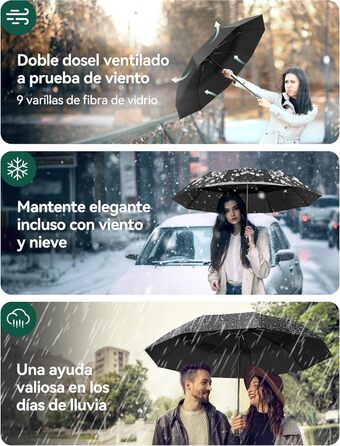 TECKNET Парасолька автоматична, чорна, штормостійка, легка у використанні