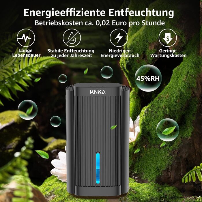 Електричний осушувач повітря KNKA, 1.1 л, для дому, ванної кімнати, підвалу, тихий (28 дБ), з автовимкненням та нічним режимом, кольорове підсвічування (білий), колір: чорний