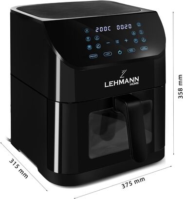 Фритюрниця повітряна LEHMANN з 2 камерами, 2400 Вт, AirFryer XXL, 12 програм, до 200°C, WiFi, 8л, чорний колір, з оглядовим вікном