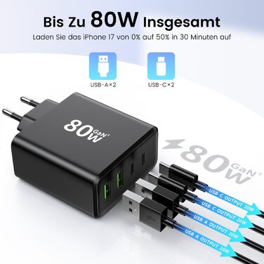 Мережевий зарядний пристрій USB C, 2 шт. 80W, 4 порти USB, швидка зарядка, адаптер для смартфонів, iPad, навушників, чорний