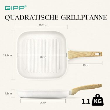 Сковорода-гриль GiPP 28x28 см, алюмінієва з гранітним антипригарним покриттям, для індукції, без PFOA, універсальна, легка у догляді, біла