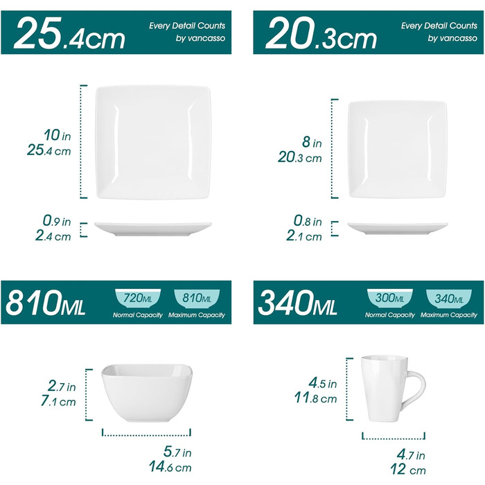 Square Dinnerware Set, Vancasso SOHO Tableware Service for 6 People, 24-Piece Stoneware Dinner Set with Dinner Plates, Dessert Plates, Bowls, and Cups, 24 Piece White