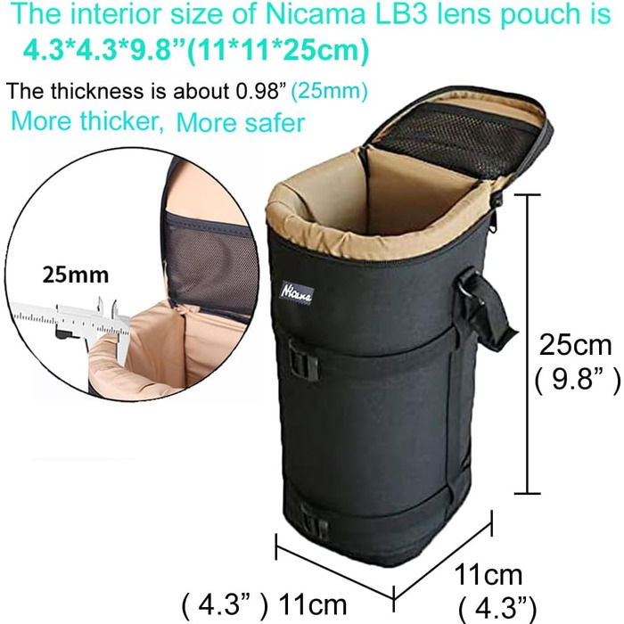Сумка для об'єктиву Nicama LB2 Deluxe для Canon RF 800, 70-200, 100-400, 28-300, Nikon AF-S 200-500, 70-200, 80-200, 80-400, Sigma 150-500, 150-600, Tamron SP 150-600, 70-200mm та інші з блискавкою (LB3 (розмір внутрішнього відділення 11x11x25см))