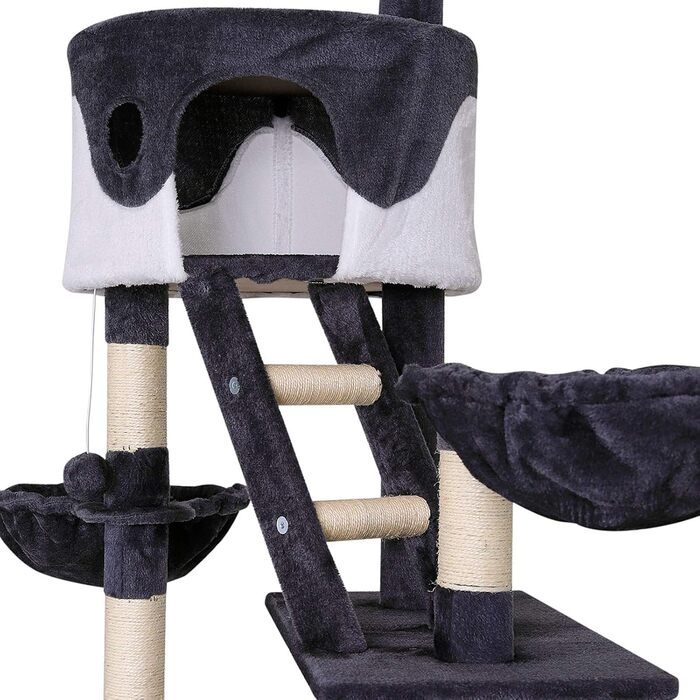 Котячий будиночок Lionto XXL з сизалю та плюшу: когтеточка, гамак, тунель, печери, іграшки, для котів великих та малих розмірів (сірий/білий, 230-250 см)