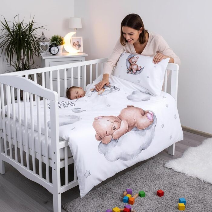 Комплект постільної білизни для дитячого ліжечка: комплект постільної білизни для малюків, постільна білизна для дитячого ліжечка 100x135 см + наволочка 40x60 см з бавовни, сертифікат Öko-Tex Standard, для хлопчиків та дівчаток (ведмедик Тіша)