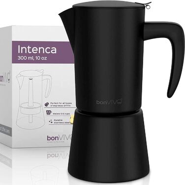 bonVIVO Espresso Maker Induction Compatible - Stainless Steel Coffee Maker in Black Finish w. Water Kettle & Filter - Moka Pot 6 Cups - 300 ml - Christmas Gifts for the Household Black 6 Cups - 300 ml