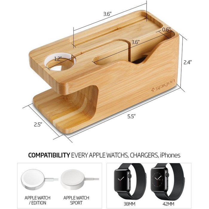 Spigen S370 Дерев'яна док-станція для Apple Watch Ultra 3/2/1 та Series 1-8/SE - зарядний пристрій