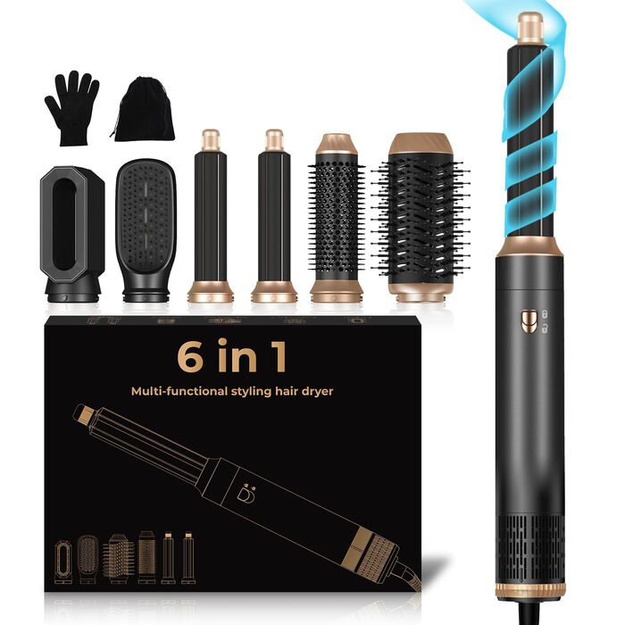 UKLISS Hairstyler 6 в 1 Airbrush: Професійний набір для укладки волосся - 1000W | Фен-щітка, плойка, брашшін, стайлер для всіх типів волосся | Срібно-золотий (Класичний чорний)