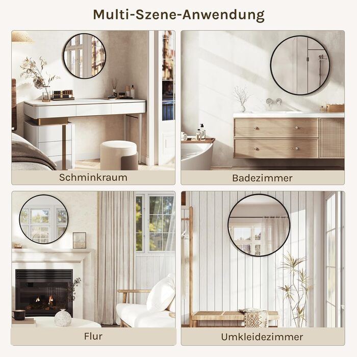 Круглий настінний дзеркало WOLTU 40 см з рамою, сучасний декор для ванної, спальні, вітальні, коридору, декоративне дзеркало для макіяжу зі скла, металу та MDF, з гачком (71L x 71B см, Чорний)