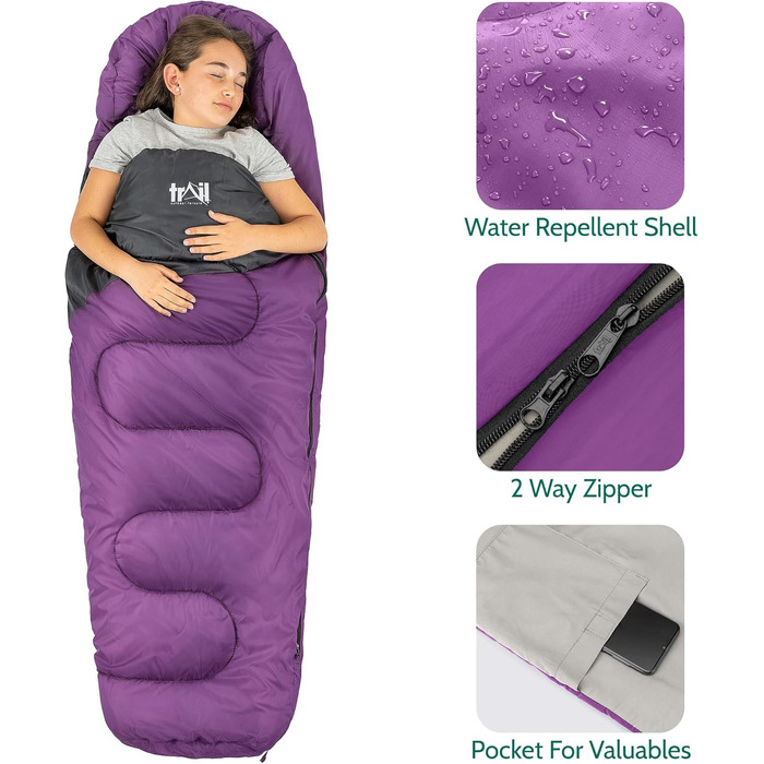 Дитячий спальний мішок Trail Mumienschlafsack для кемпінгу 3 сезони – 300gsm – для хлопчиків та дівчаток – фіолетовий