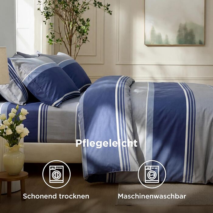 Комплект постільної білизни BEDSURE 200x200 см, 3 предмети, бавовна, двосторонній підігрудок з рослинним принтом та 2 наволочки 80x80 см, сертифікація OEKO-TEX, колір джинсовий синій