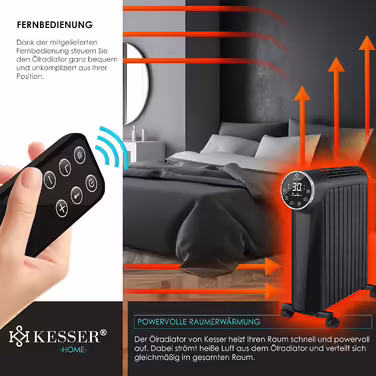 KESSER® Oil Radiator 2500W Electric Heater Radiator Electric Heater Energy-Saving with Display WiFi App & Remote Control Touchscreen - Mobile Oil Radiator 24h Timer, Thermostat & Overheat Protection Black