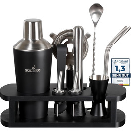 BARMINGO Stainless Steel Cocktail Set - 11 Piece Cocktail Shaker Set with Stand & Bar Accessories | Bartender Set | Cocktail Mixing Set | Bar Set | Gift Set | Black & Silver