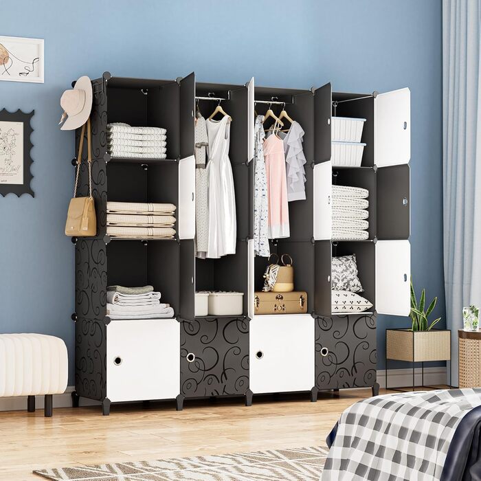 HOMIDEC Wardrobe, Portable Shelving System, 20 Cube Closet made of Plastic with 2 Clothes Rails, Bedroom Wardrobe Closet White for Bedroom, 180 x 142 x 45cm (16 cube, White & Black)