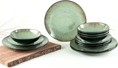CreaTable Набір посуду Jawa, 18 предметів (12 тарілок) з каменю, для 6 осіб, зелений, миється в посудомийній машині, підходить для мікрохвильовки