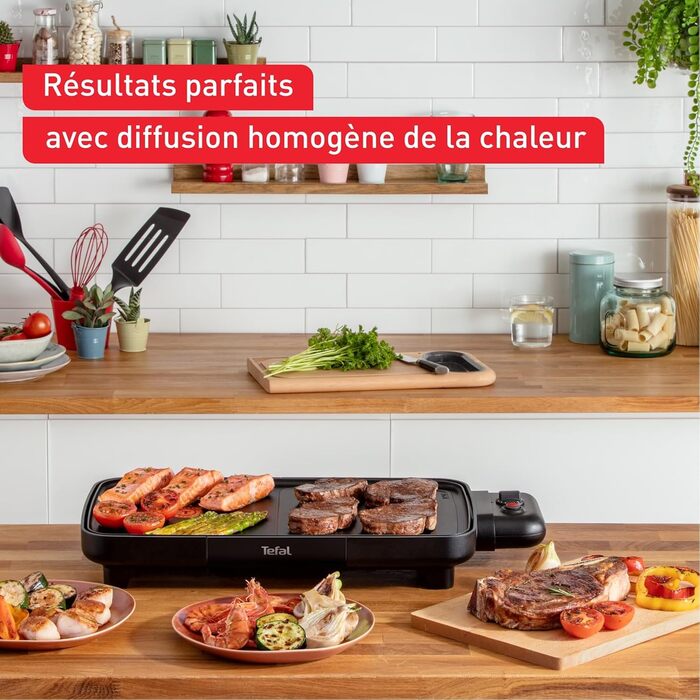 Тіфаль Plancha Booster Tischgrill: електричний гриль-стіл, 2200 Вт, велика поверхня, зона Boost, 6 температурних режимів, знімні антипригарні пластини, піддон для жиру, Thermo-Spot, чорний, CB6428