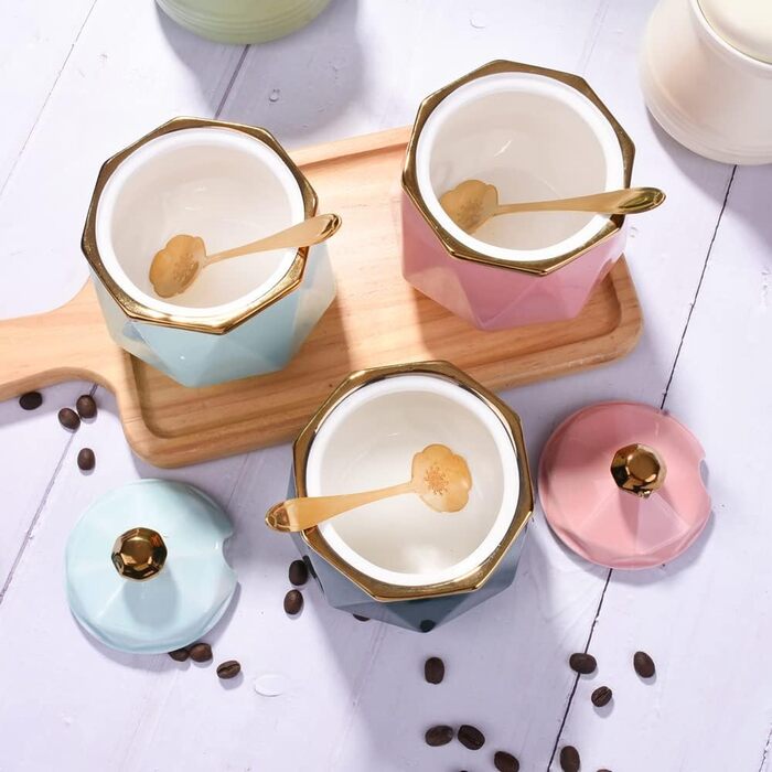 Sugar bowl with lid and spoon, 270 ml ceramic sugar bowl, multifunctional sugar container, spice container, salt shaker, spice dishes, sugar bowl for the kitchen, organization, 280 ml (pink)