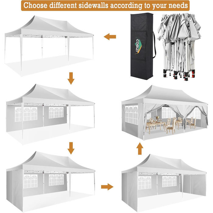 COBIZI Pavilion 3x3 Waterproof Stable Winter-Proof Party Tent 3x3 with 4 Side Walls Pop Up Folding Pavilion UV Protection 50+ Garden Pavilion With Handbag, 8X Pegs and 4X Wind Rope, (White, 3x6 m)
