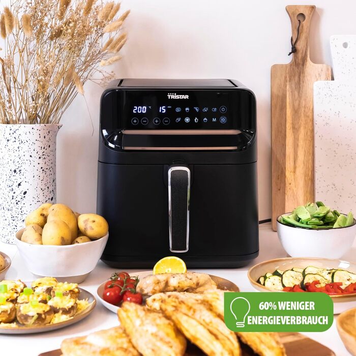 Аерофритюрниця Tristar FR-9025 6л Цифрова, Матова Чорна - Фритюрниця без олії для 1.5 кг картоплі, 9 програм, LED Touch дисплей, Економія енергії до 70%, 1350 Вт