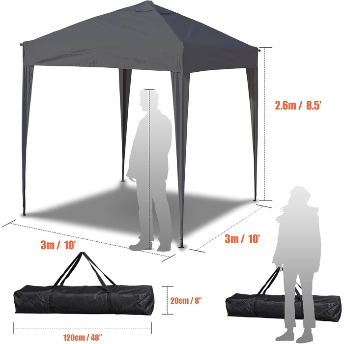 3x3 Pavilion WATERPROOF, Waterproof Folding Pavilion, Party Tent Quick Setup Garden Pavilion Pop Up Tent Sun Protection Steel Frame (Gray, 3x3 m without side walls)