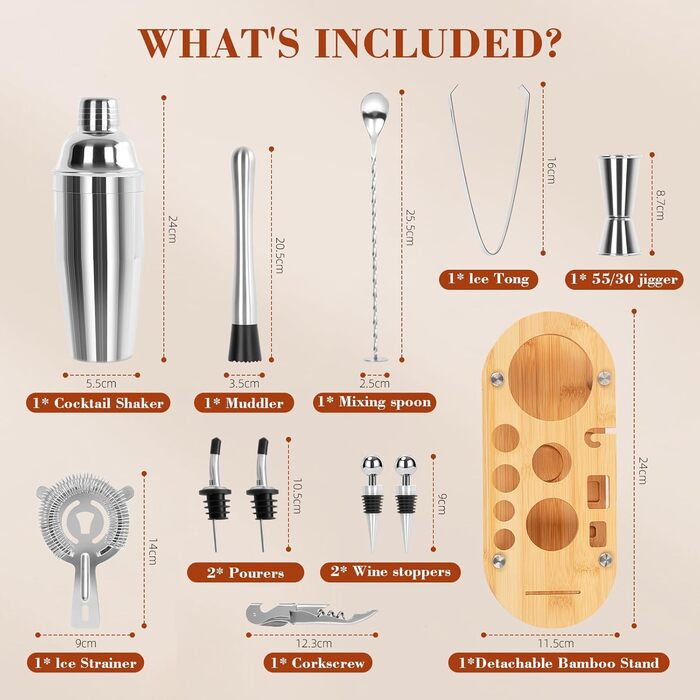 Набір для коктейлів FoiiLiio 12 шт. з шейкером 750 мл та аксесуарами для бару, нержавіюча сталь, з бамбуковим підставкою для дому, SHAKER-12P