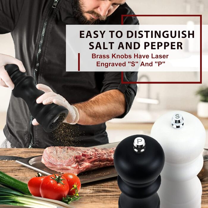 Набір для солі та перцю: ручні млини для перцю та солі, чорного кольору, великі. Дерев'яні млини для спецій з регульованою керамічною помелювальною камерою (від дрібної до грубої). 6,5 дюйми для морської солі, чилі, грубої солі (чорний та білий), 2 шт.