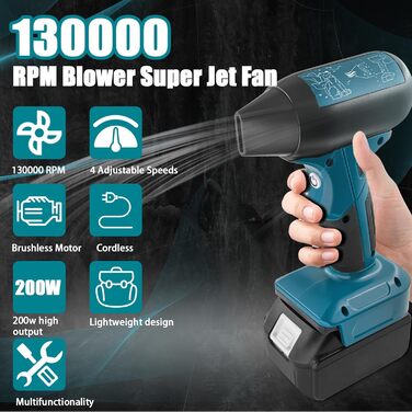 Mini Blower Jet Fan Compatible with Makita 18v Battery, 130000 RPM Cordless Air Duster with 4-Stage Control for Car Dust Cleaning, Outdoor BBQ Leaf Cleaning, Sofa & Pet Hair Cleaning
