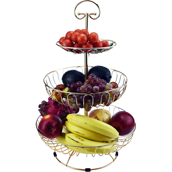 Металевий кошик для фруктів та овочів з ручкою - 3 яруси, великий, з нержавіючої сталі, з циркуляцією повітря (45 см, Ø30-24-16.5 см), золотий