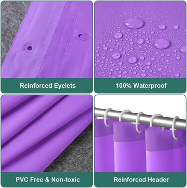 Шторка для душу URAQT, антигрибкова, водонепроникна, швидковисихаюча, 180x180 см, з 12 кільцями, для ванни, білий/базовий (фіолетовий)