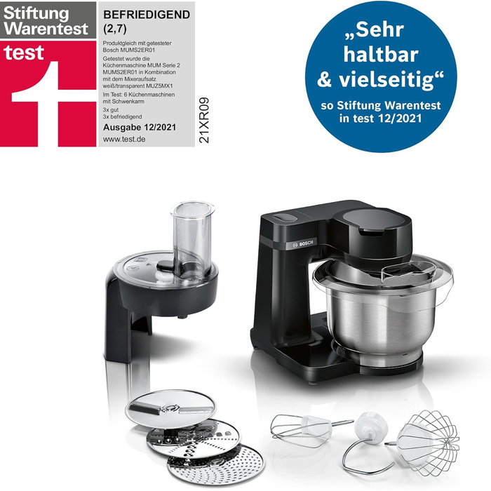 Bosch Kitchen Machine Series 2 MUMS2EB01, Stainless Steel Bowl 3.8 L, Planetary Mixer, Dough Hook, Beaters and Whisk (Stainless Steel), Food Processor Attachment, 3 Discs, 700 W, black